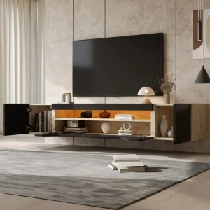Meuble TV suspendu Stilvora 180 cm noir et bois avec LED image principale