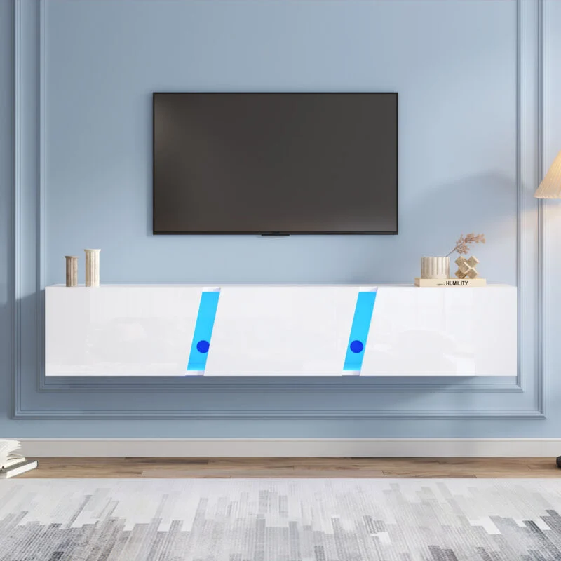 Vue 2 du meuble TV suspendu Tanant 180 cm blanc brillant avec LED