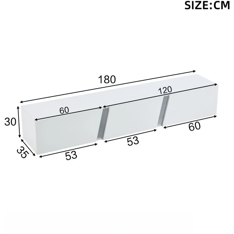 Vue 3 du meuble TV suspendu Tanant 180 cm blanc brillant avec LED