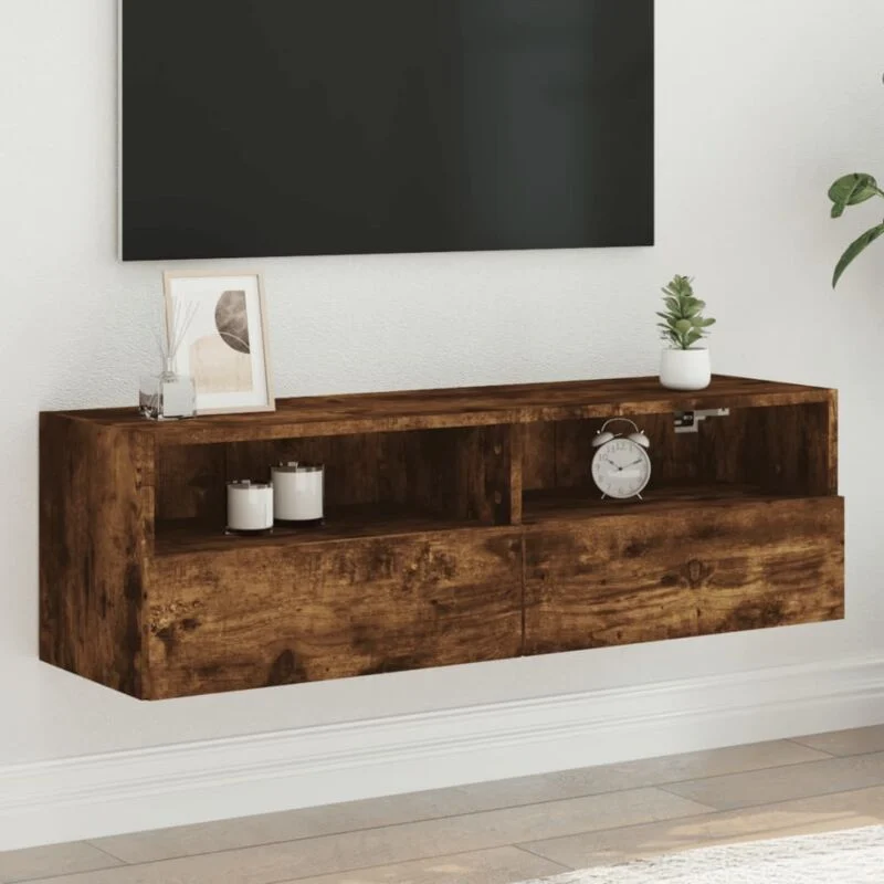 Vue 2 du meuble TV suspendu Vidaxl 100 cm chêne fumé