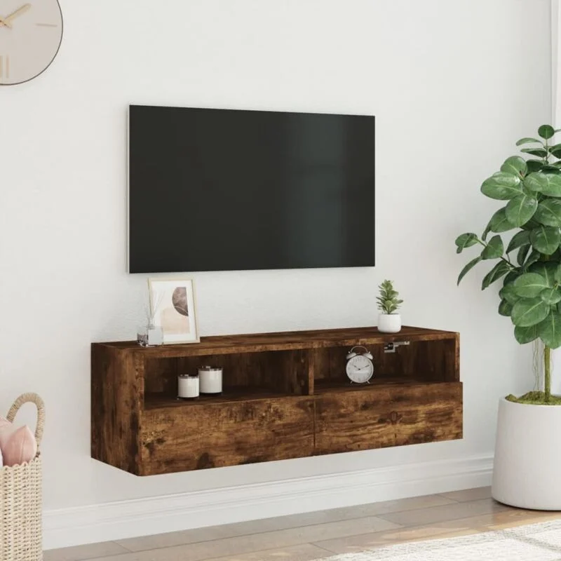 Vue 4 du meuble TV suspendu Vidaxl 100 cm chêne fumé