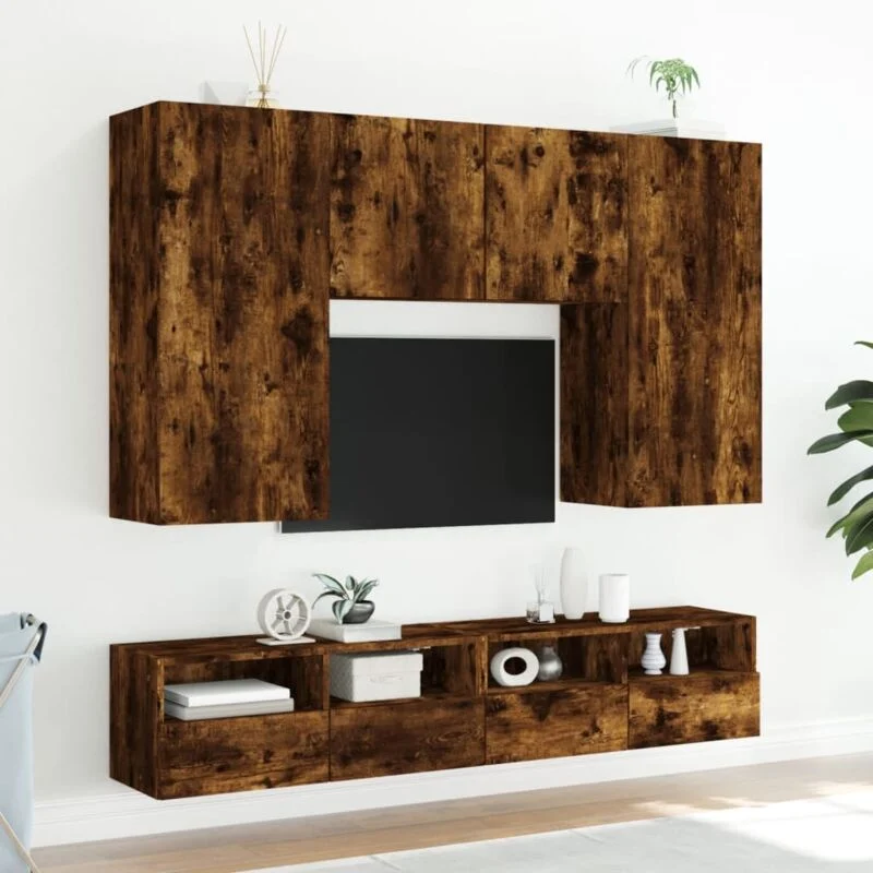 Vue 5 du meuble TV suspendu Vidaxl 100 cm chêne fumé