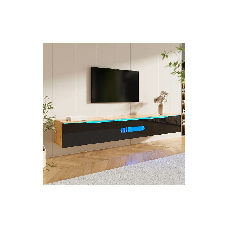 Vue 2 du meuble TV suspendu Wishdor 180 cm noir et bois avec LED