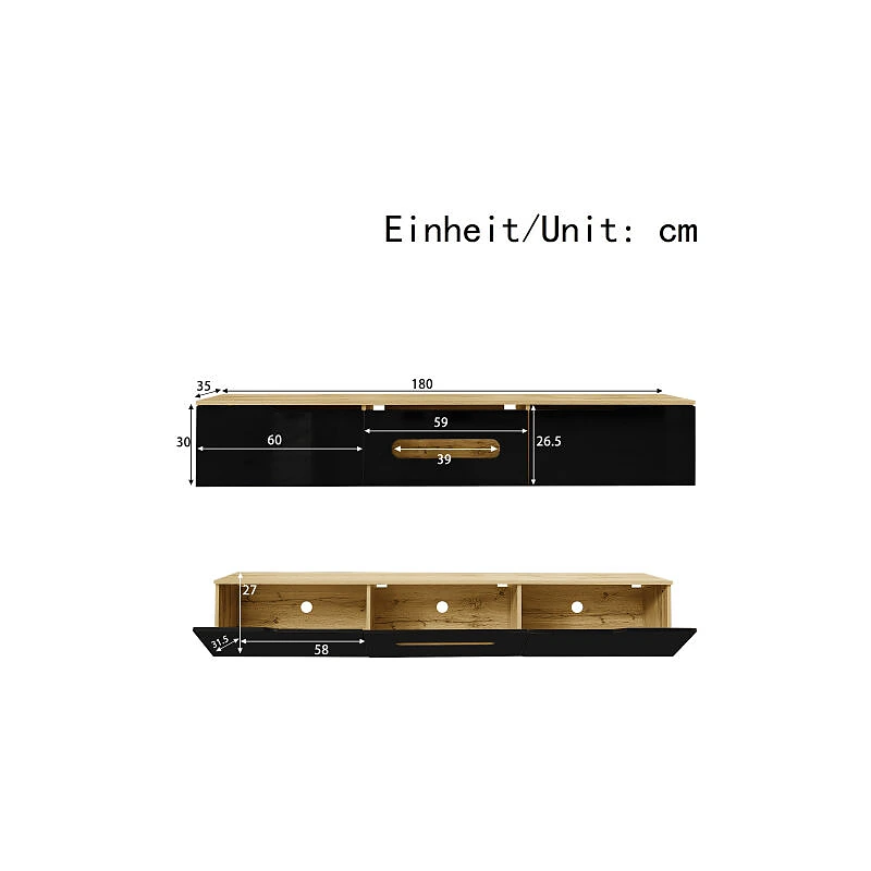 Vue 3 du meuble TV suspendu Wishdor 180 cm noir et bois avec LED