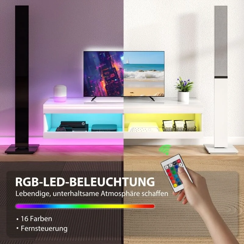 Vue 3 du meuble TV suspendu Zeve 140 cm blanc brillant avec LED