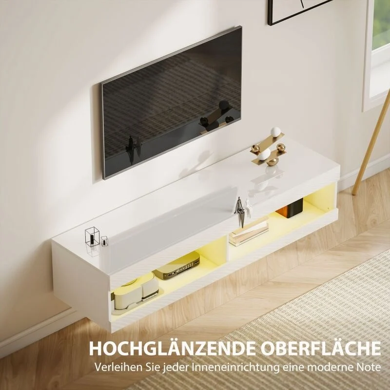 Vue 4 du meuble TV suspendu Zeve 140 cm blanc brillant avec LED