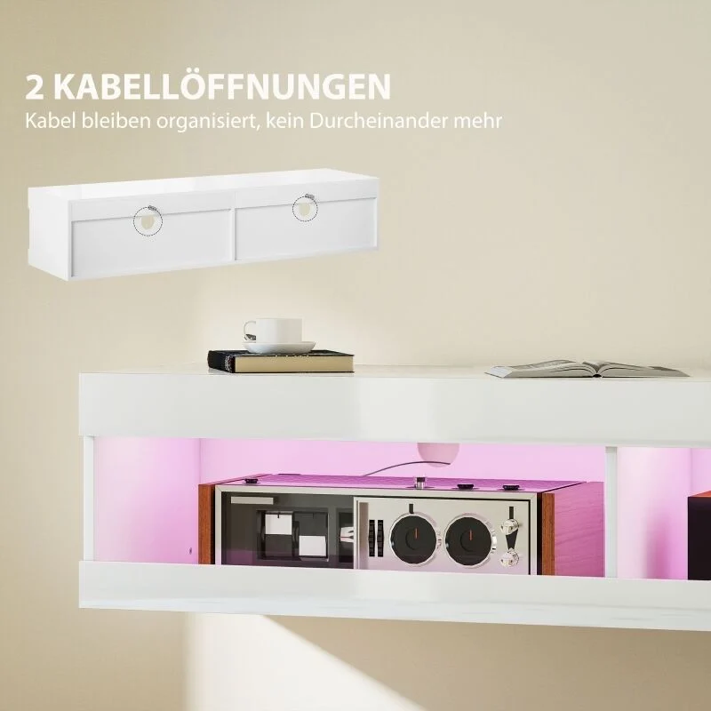 Vue 5 du meuble TV suspendu Zeve 140 cm blanc brillant avec LED