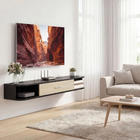 Vue 4 du meuble TV suspendu Mixhome 120 cm noir