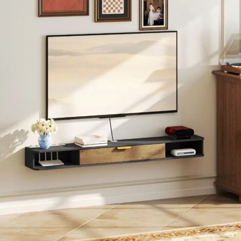 Vue 4 du meuble TV suspendu Mixhome 160 cm gris