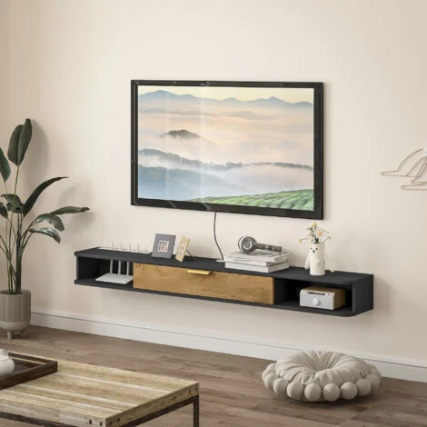 Vue 5 du meuble TV suspendu Mixhome 160 cm gris