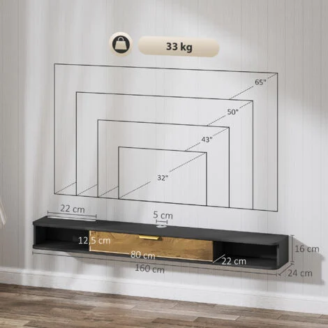 Vue 6 du meuble TV suspendu Mixhome 160 cm gris