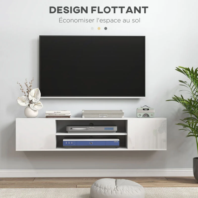 Vue 4 du meuble TV suspendu RDTD 140 cm blanc